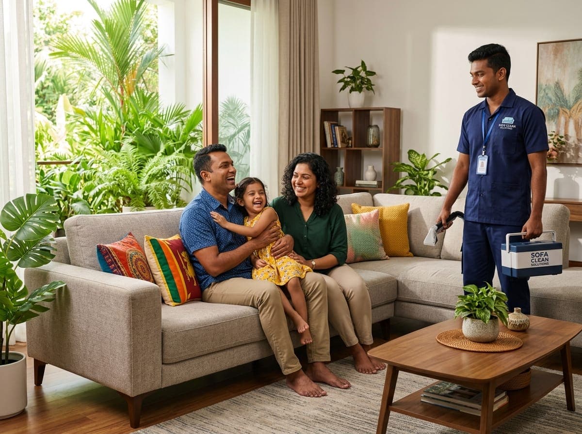 Happy Sri Lankan family relaxing on clean sofa with professional technician